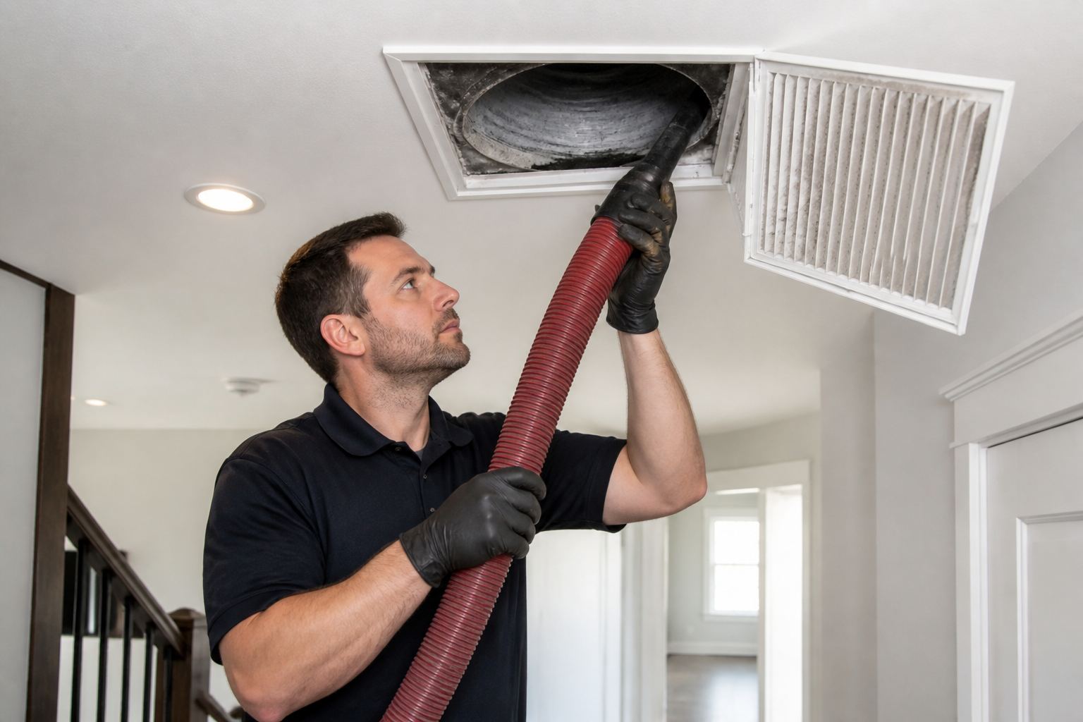 Technician cleaning a home air duct vent